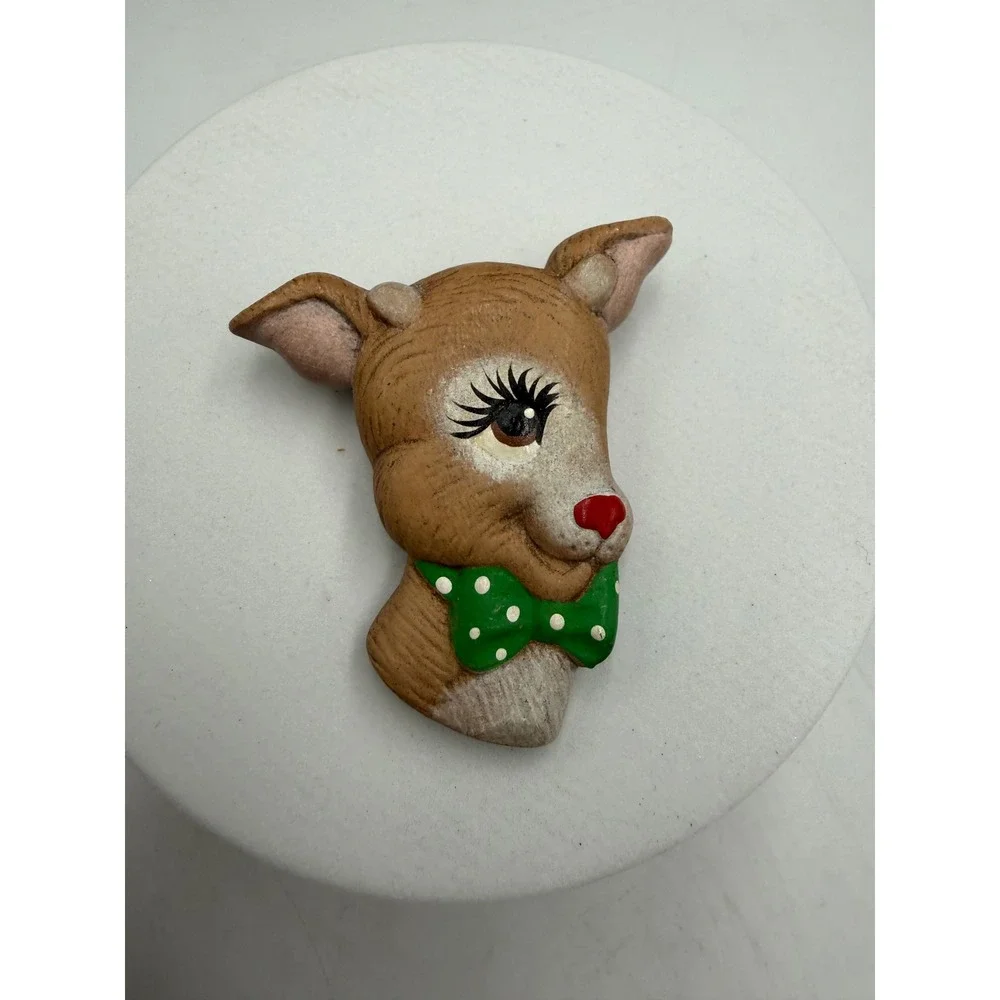 Vintage Reindeer‎ Brooch Christmas Deer Green Bow Tie Pin Holiday Jewelry